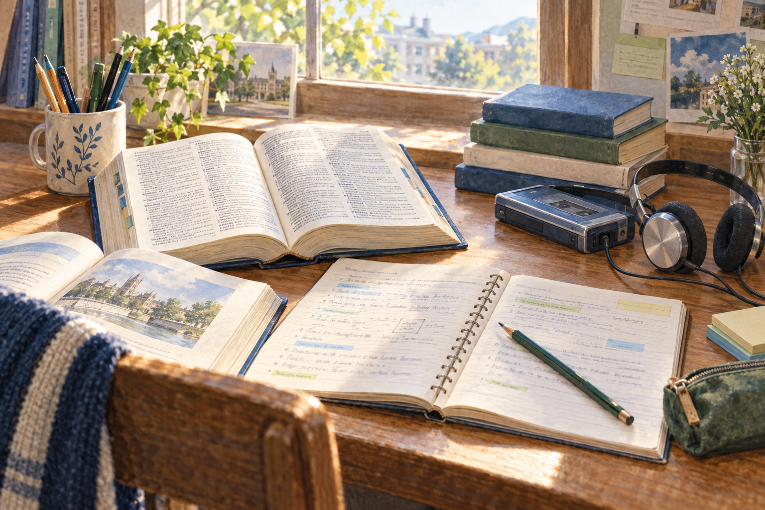 辞書とノート、音読練習用のカセットが並ぶ学生時代の英語学習風景